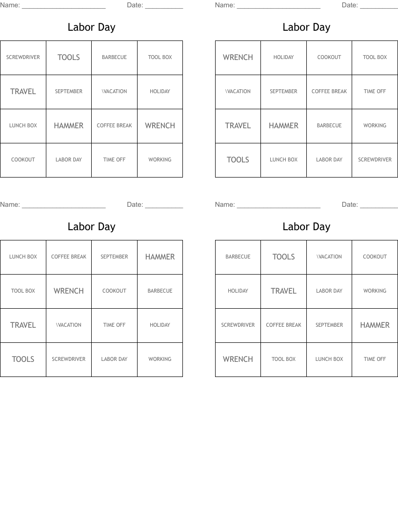 Labor Day Bingo Cards