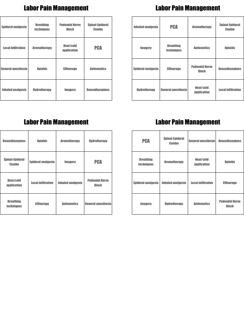 Labor Pain Management Bingo Cards