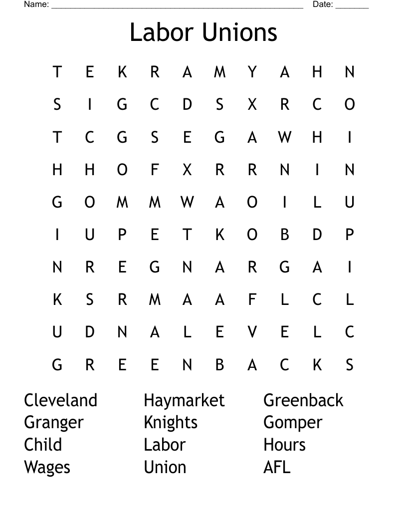 Labor Unions Word Search