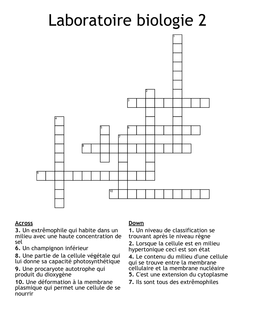 Laboratoire biologie 2 Crossword