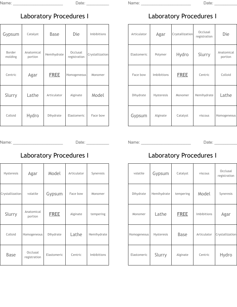 Laboratory Procedures I Bingo Cards
