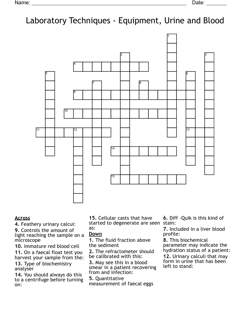 Laboratory Techniques - Equipment, Urine and Blood Crossword