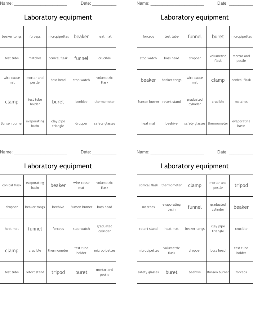 Laboratory equipment Bingo Cards
