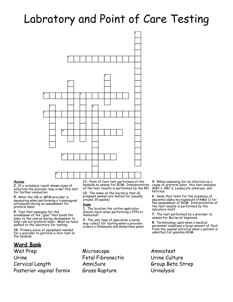 Labratory and Point of Care Testing Crossword