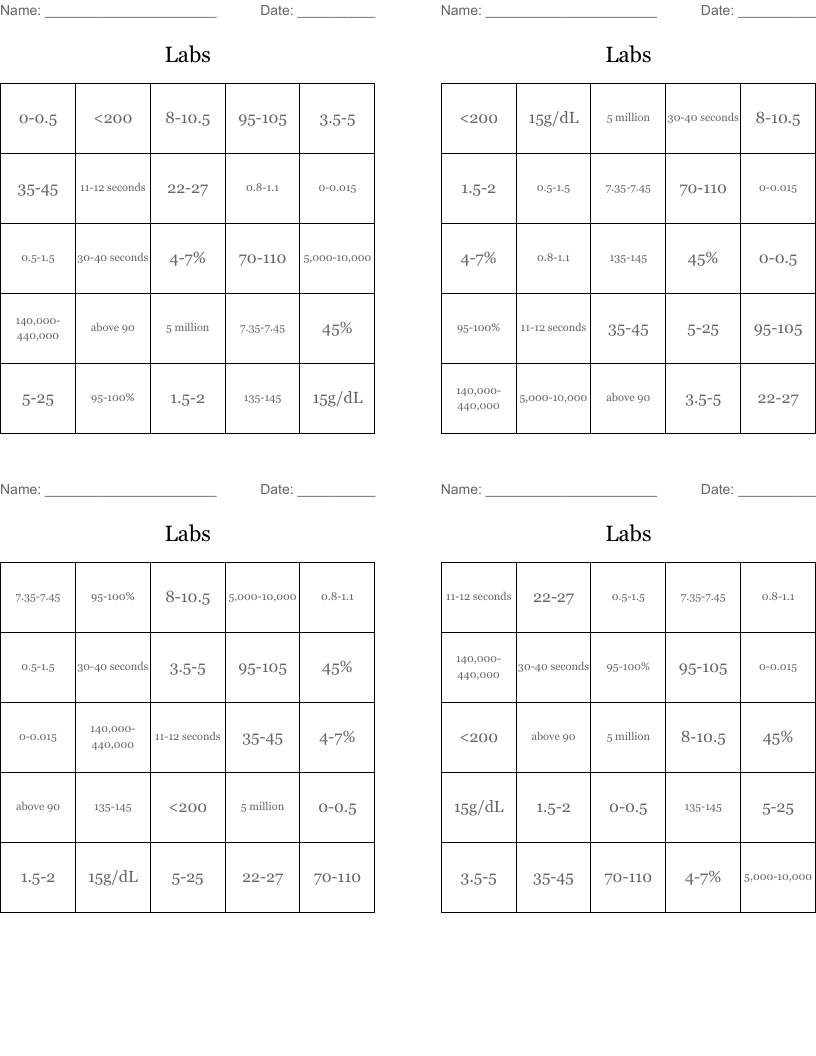 Labs Bingo Cards