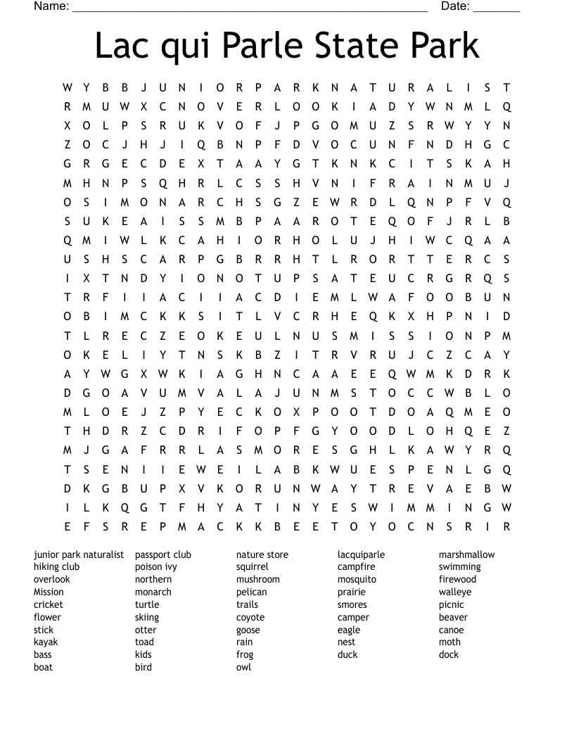 Lac qui Parle State Park Word Search