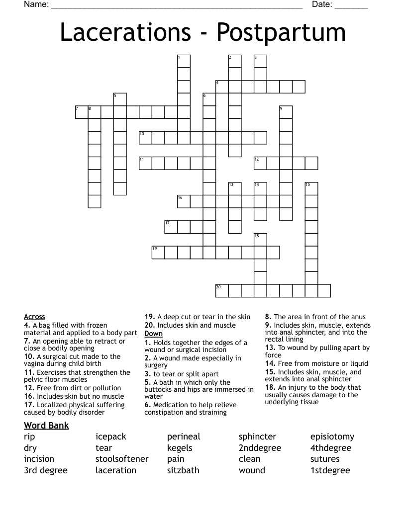 Lacerations - Postpartum Crossword