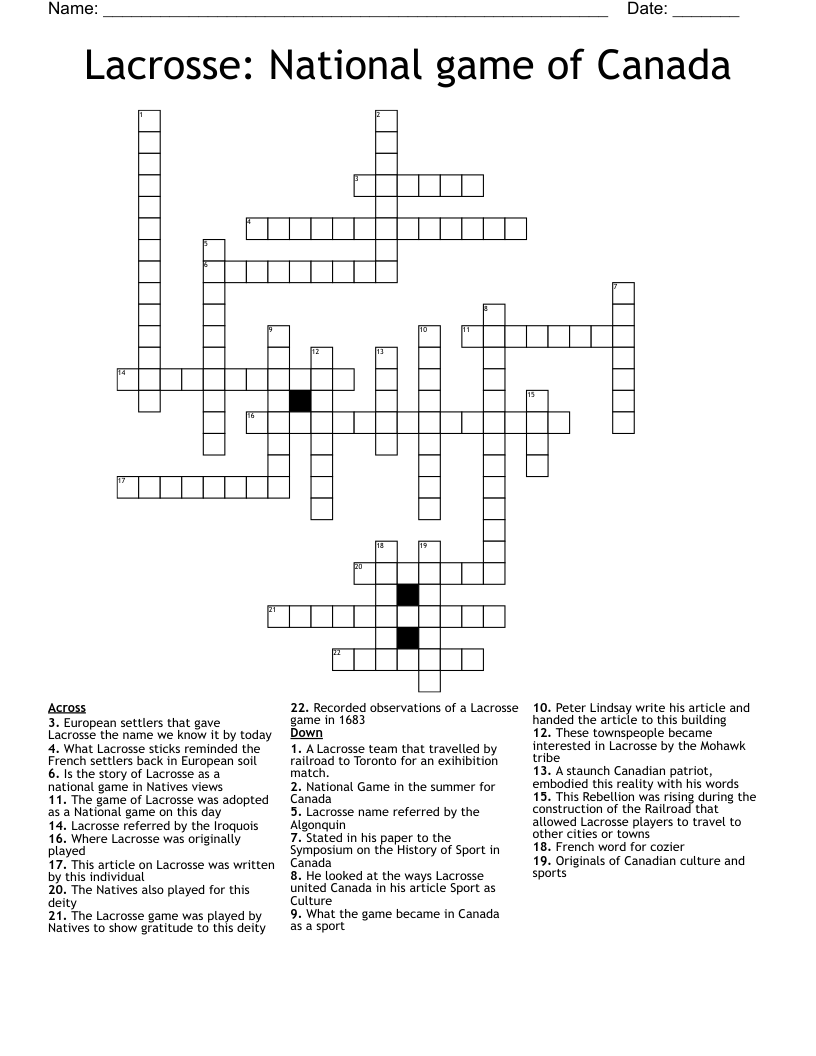Lacrosse: National game of Canada Crossword