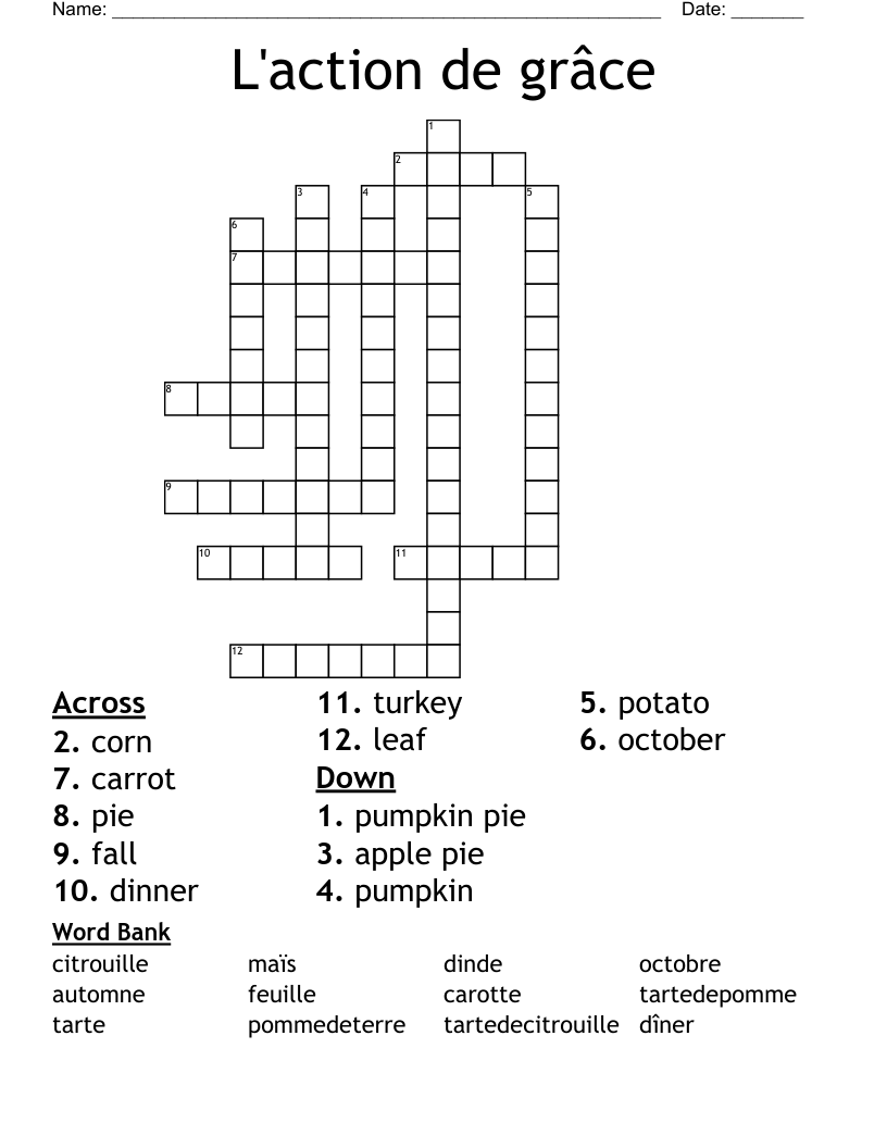 L'action de grâce Crossword