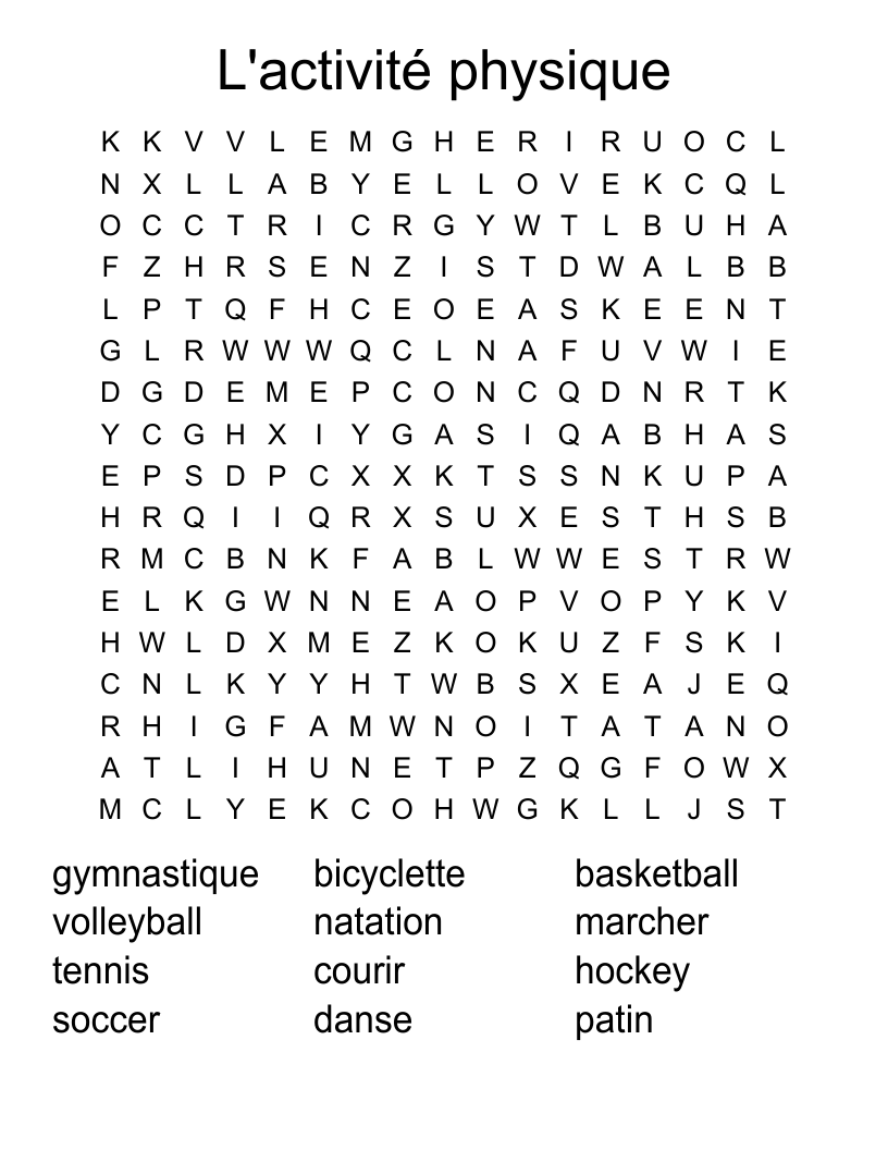 L'activité physique Word Search
