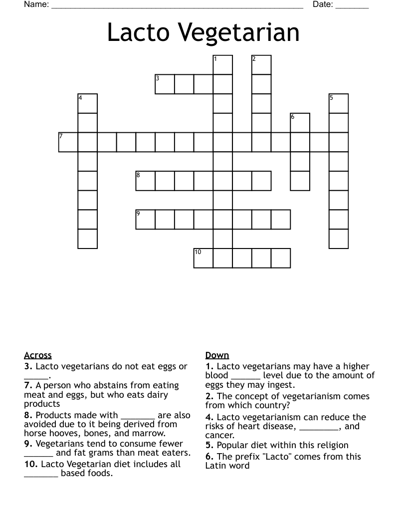 Lacto Vegetarian  Crossword