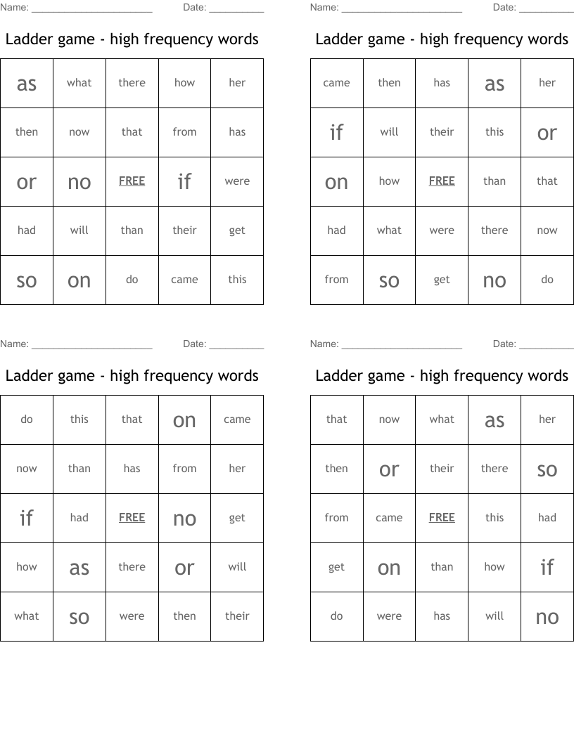Ladder game - high frequency words Bingo Cards