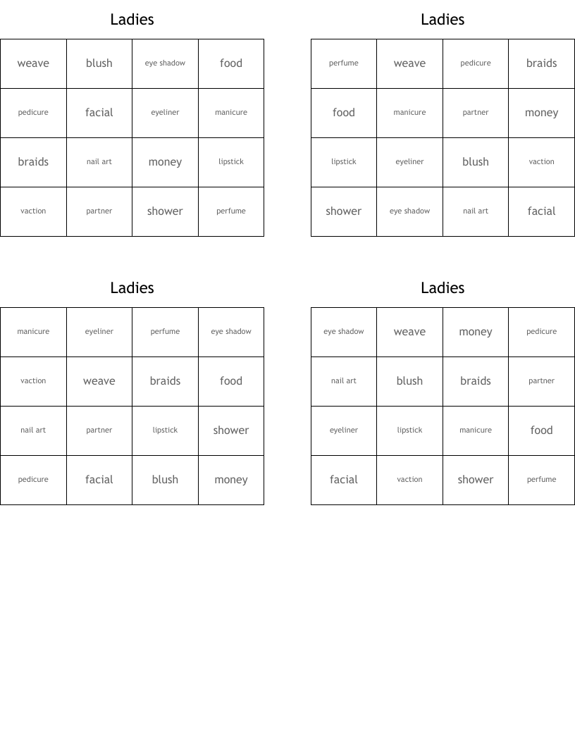 Ladies Bingo Cards