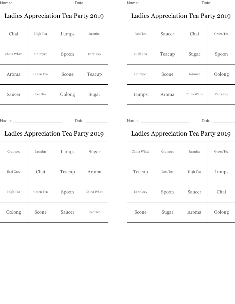 Ladies Appreciation Tea Party 2019 Bingo Cards