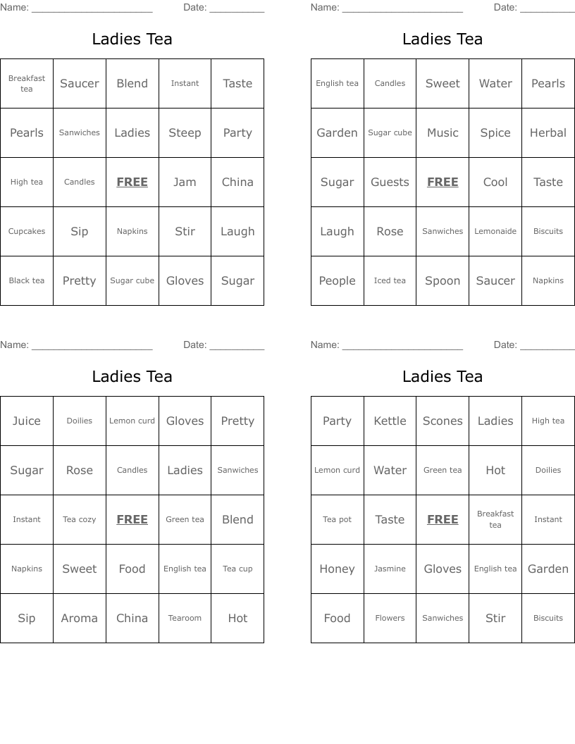 Ladies Tea Bingo Cards