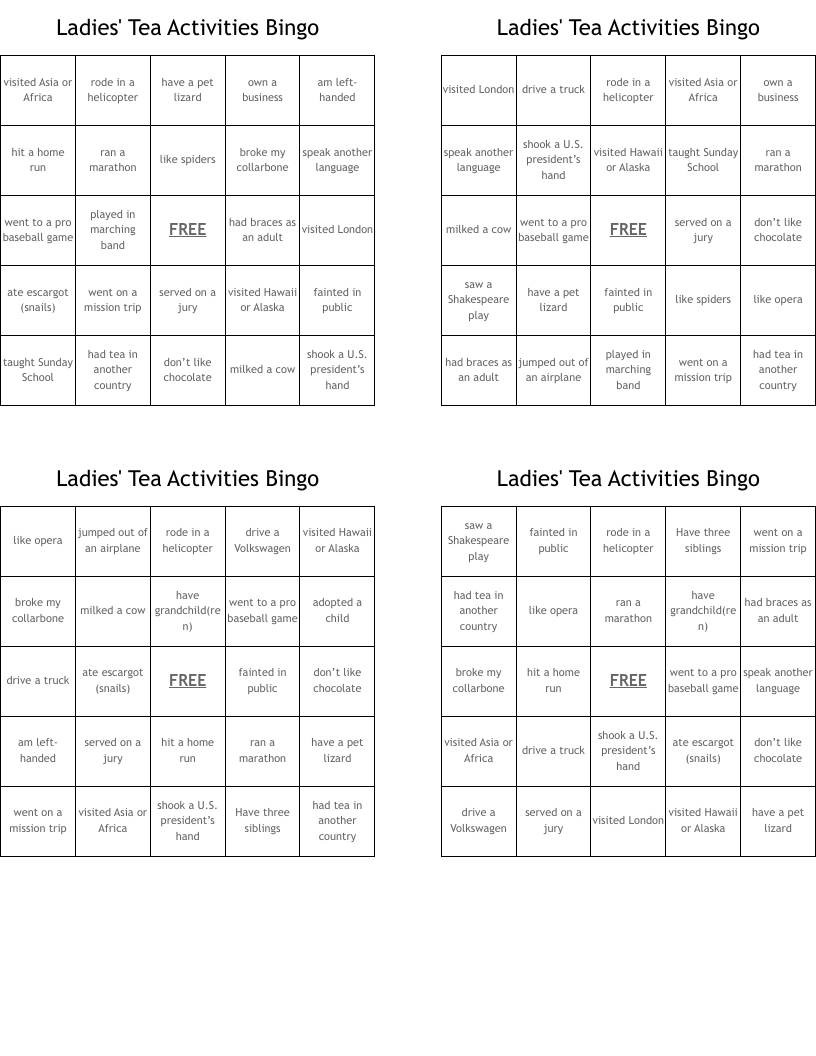 Ladies' Tea Activities Bingo