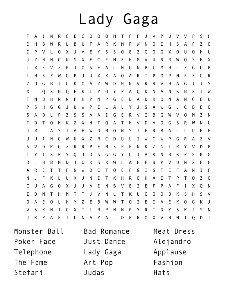 Lady Gaga Word Search