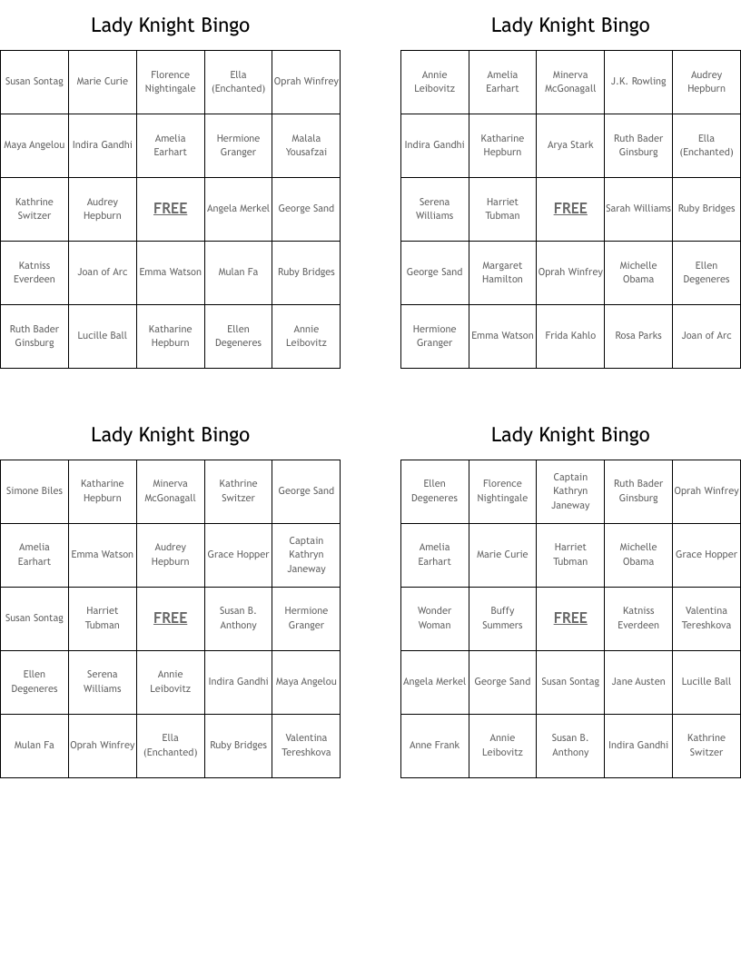 Lady Knight Bingo