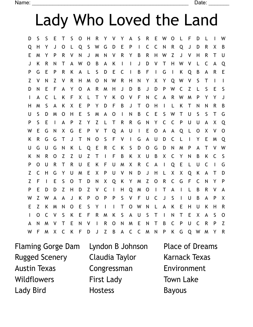 Lady Who Loved the Land Word Search