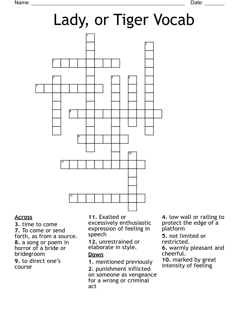 Lady, or Tiger Vocab Crossword