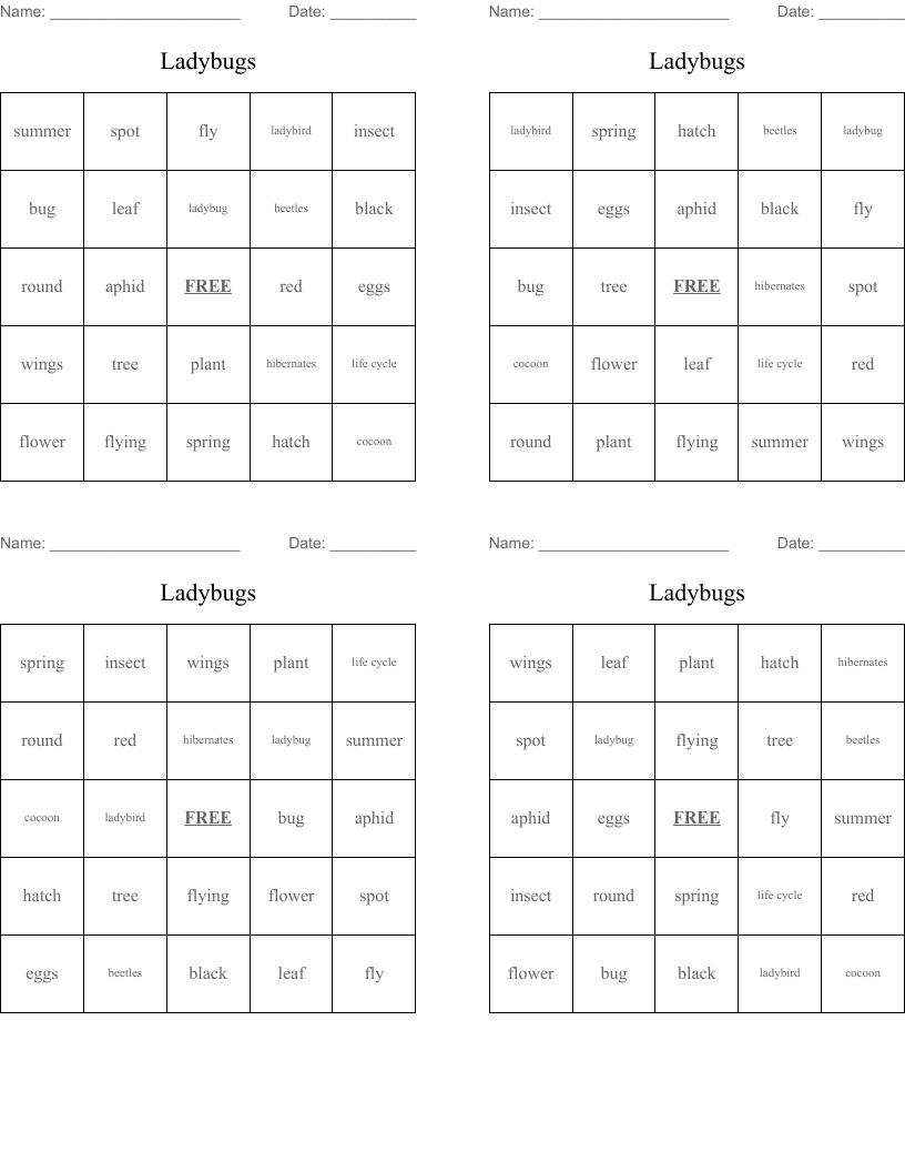 Ladybugs Bingo Cards