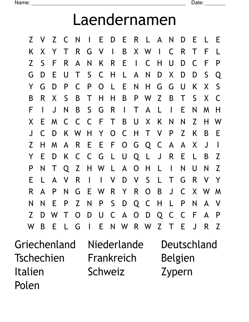 Laendernamen Word Search