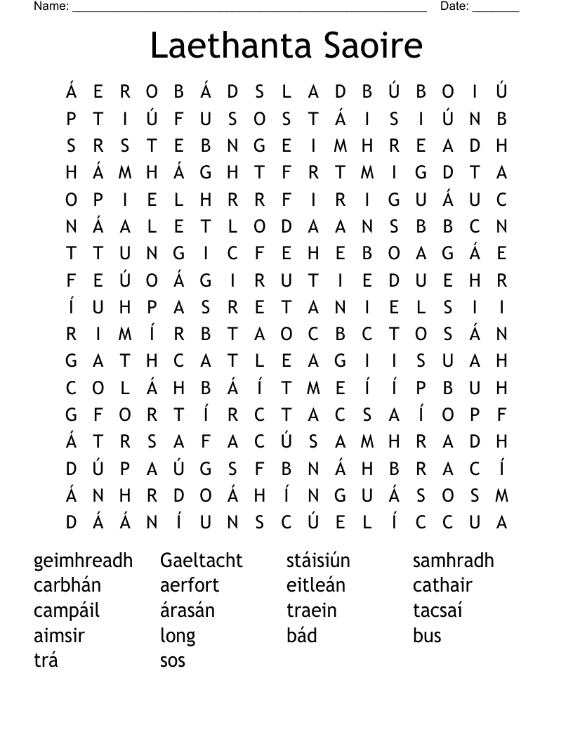 Laethanta Saoire Word Search