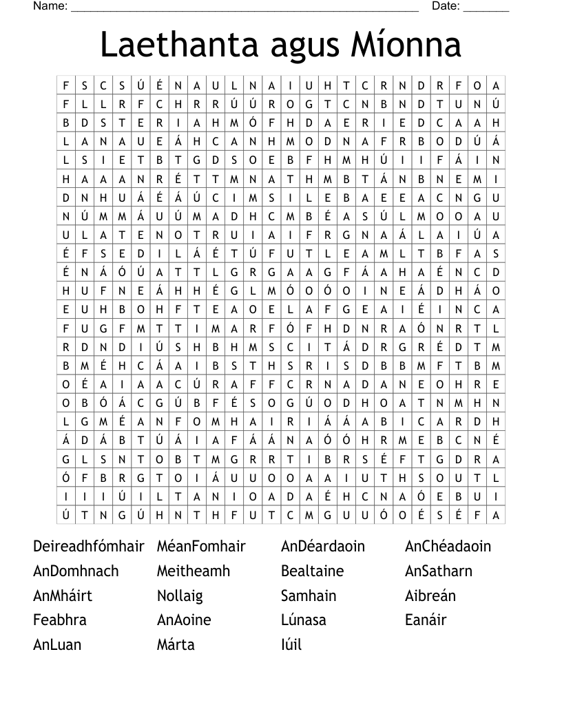 Laethanta agus Míonna Word Search
