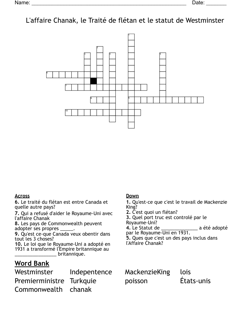 L'affaire Chanak, le Traité de flétan et le statut de Westminster Crossword