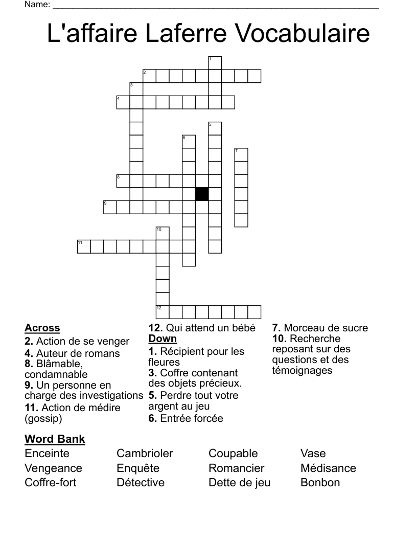 L'affaire Laferre Vocabulaire  Crossword