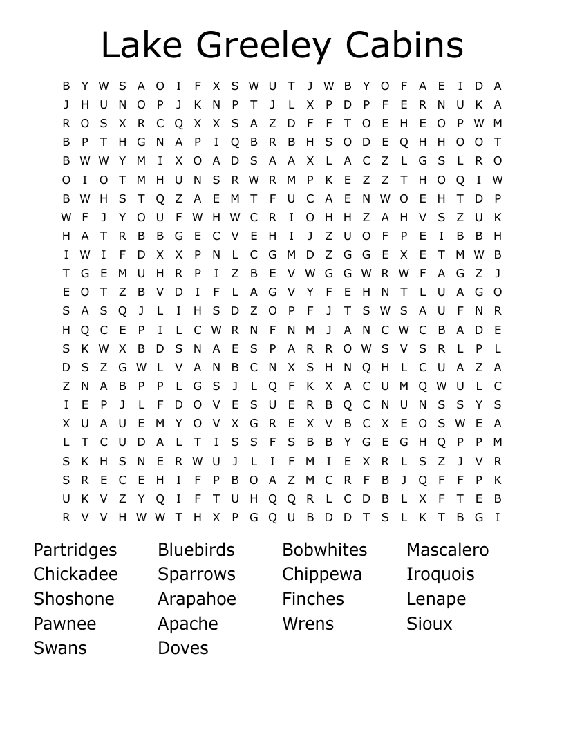 Lake Greeley Cabins Word Search