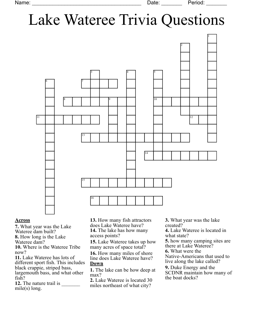 Lake Wateree Trivia Questions  Crossword