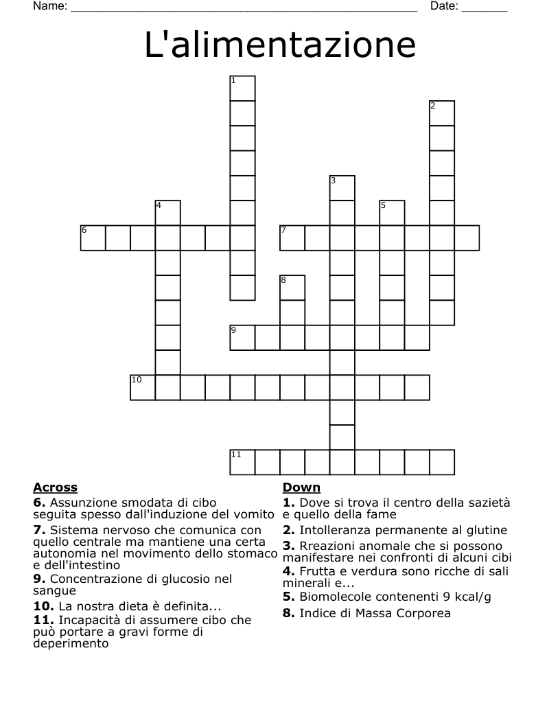 L'alimentazione Crossword
