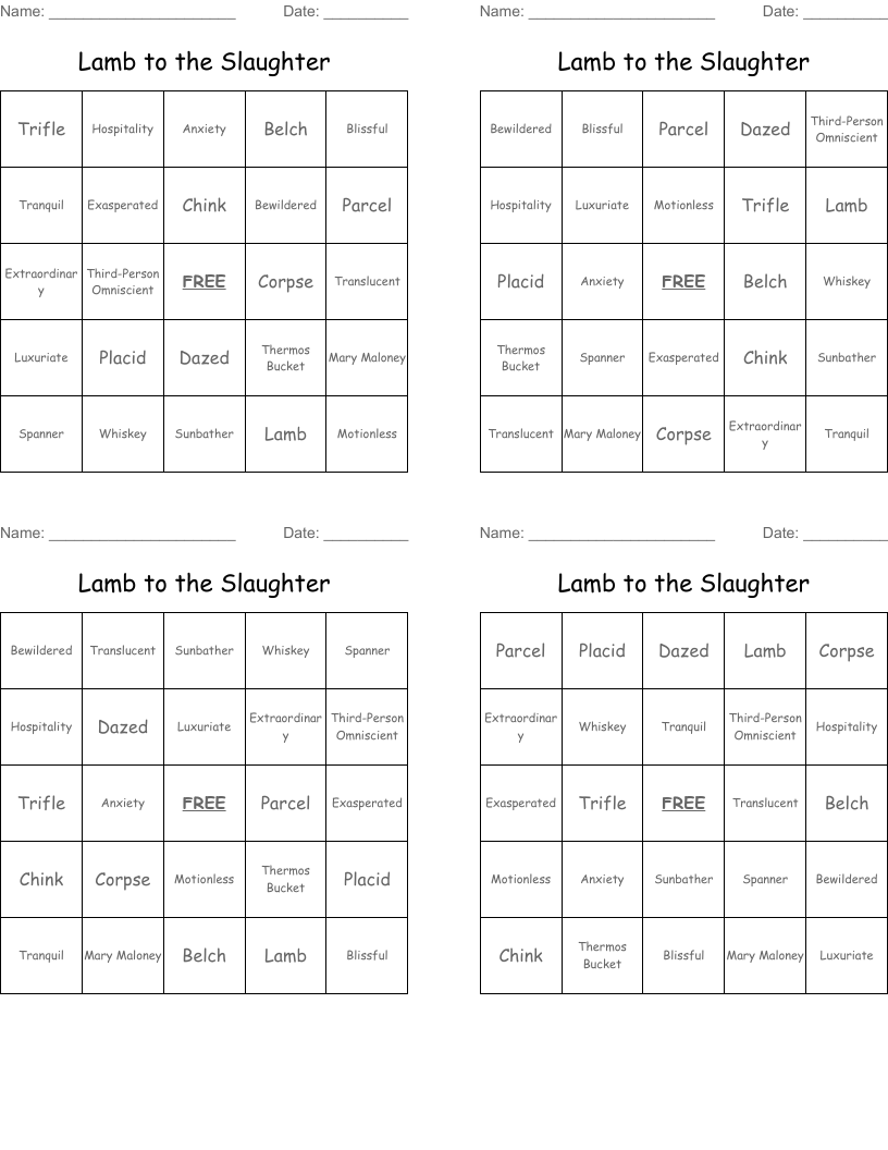 Lamb to the Slaughter Bingo Cards
