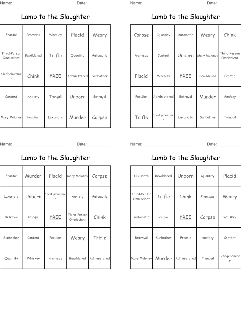 Lamb to the Slaughter Bingo Cards