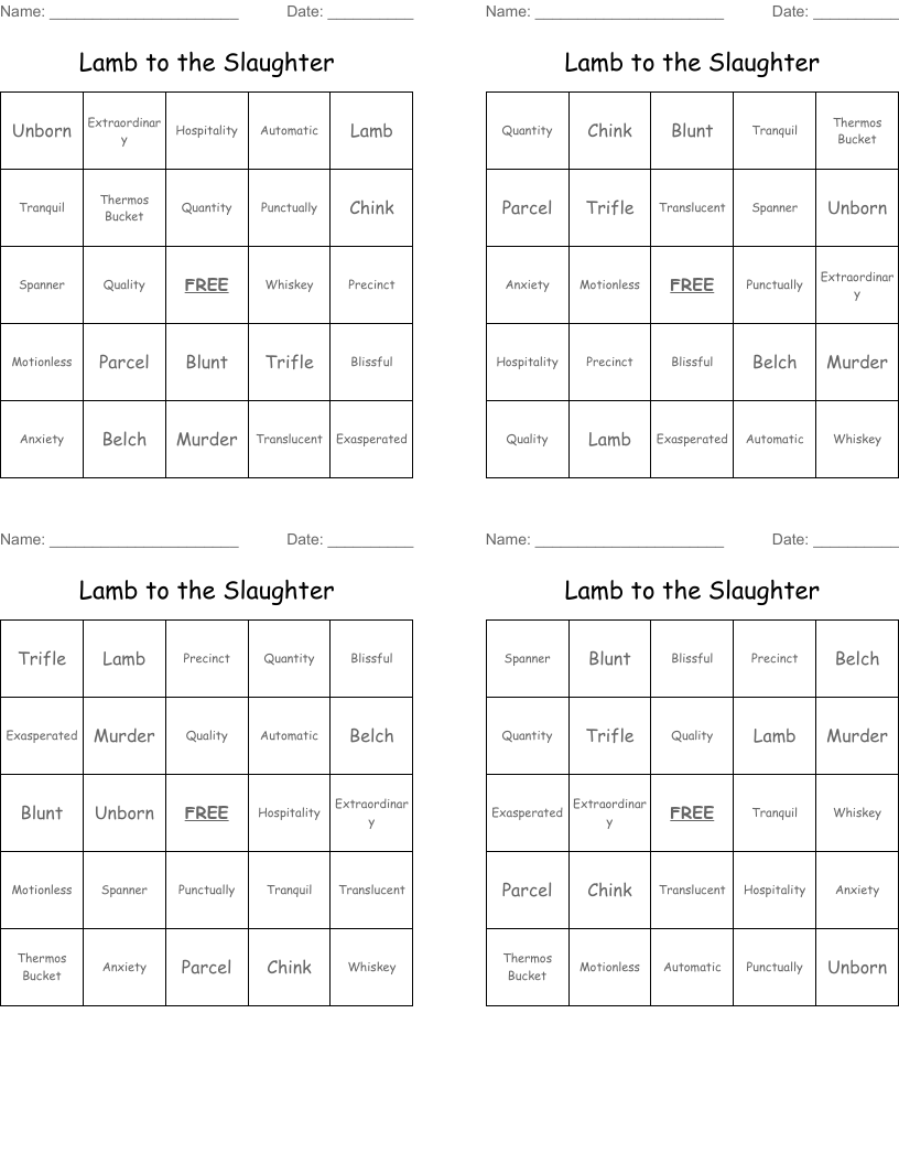 Lamb to the Slaughter Bingo Cards