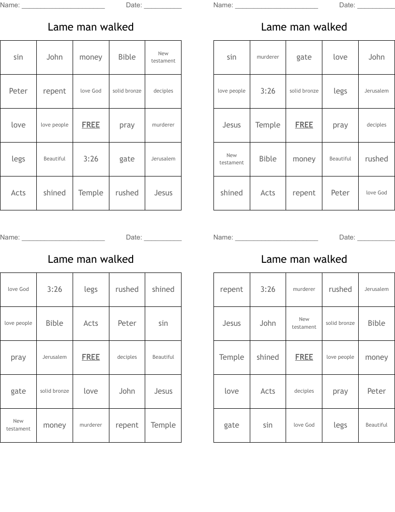 Lame man walked Bingo Cards