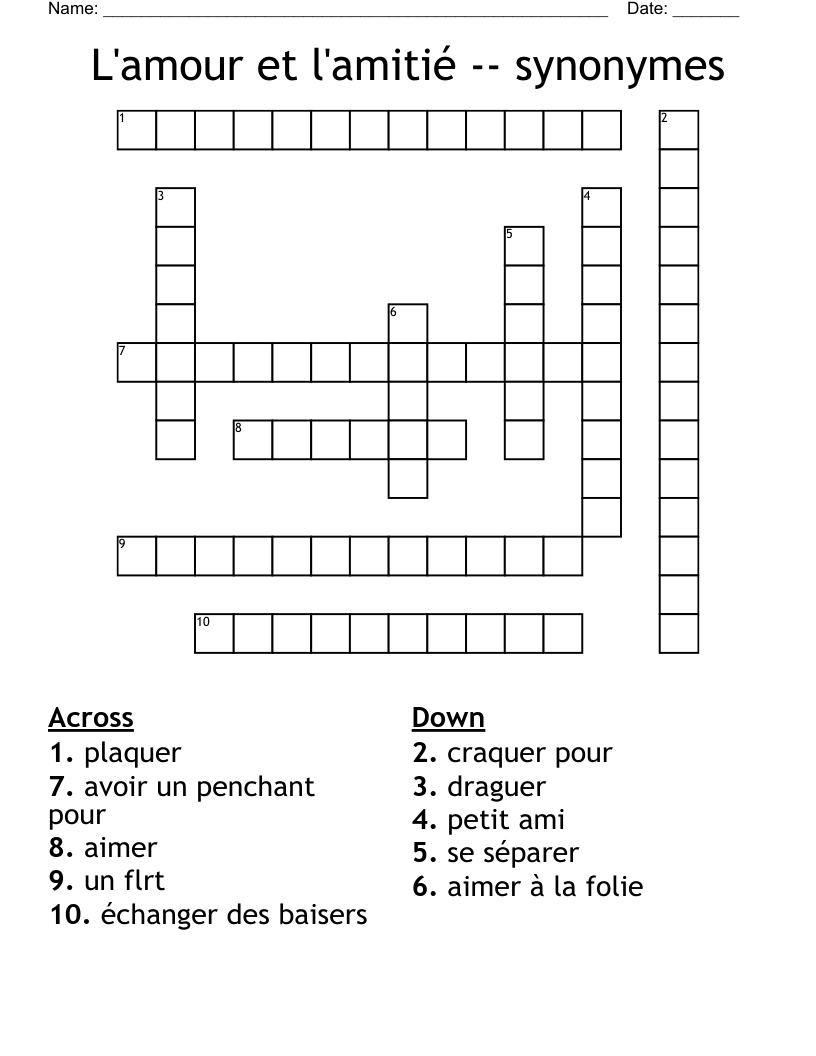 L'amour et l'amitié --  synonymes Crossword