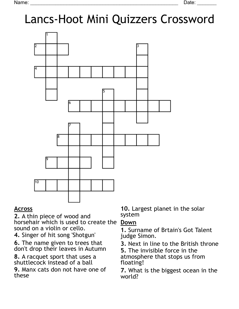 Lancs-Hoot Mini Quizzers Crossword