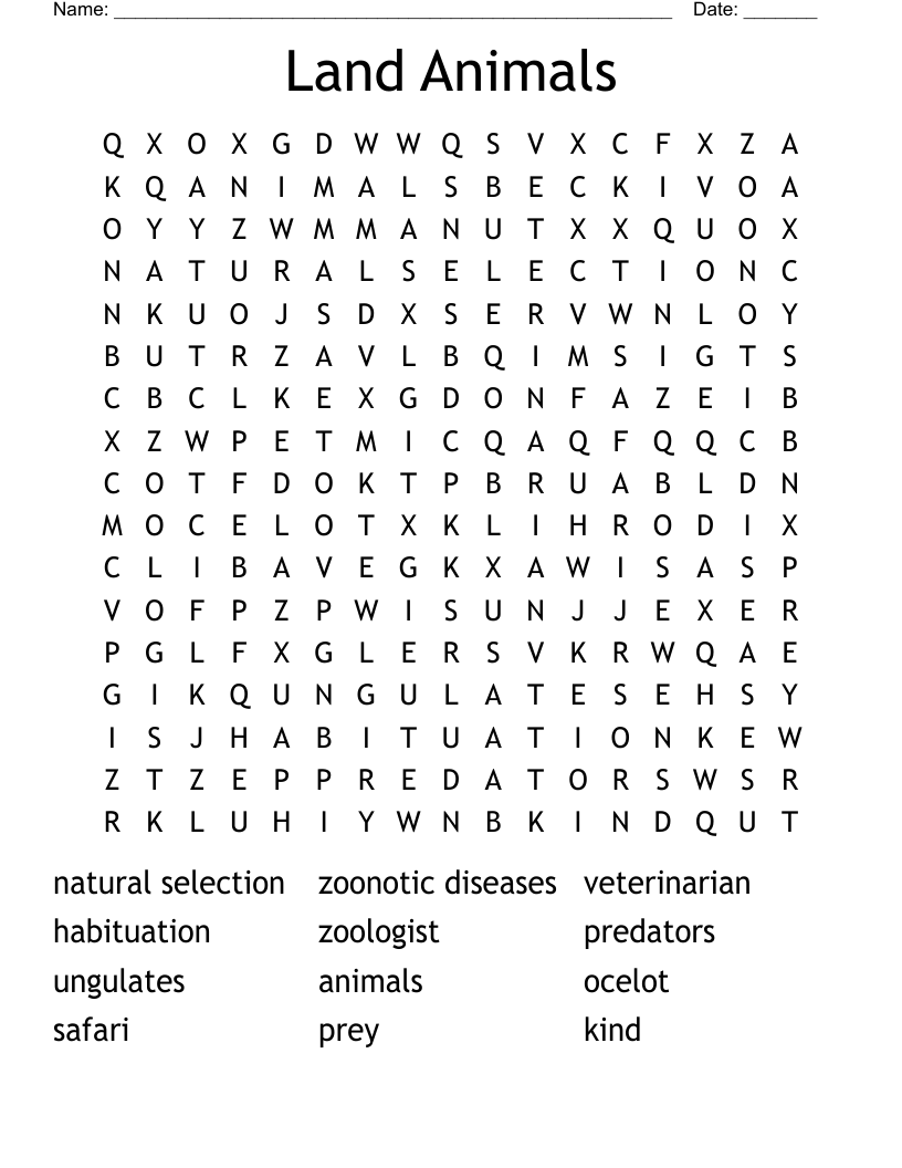 Land Animals Word Search