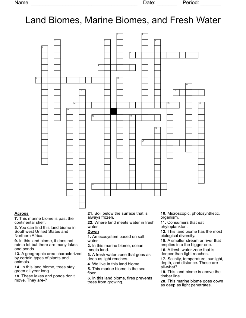Land Biomes, Marine Biomes, and Fresh Water Crossword