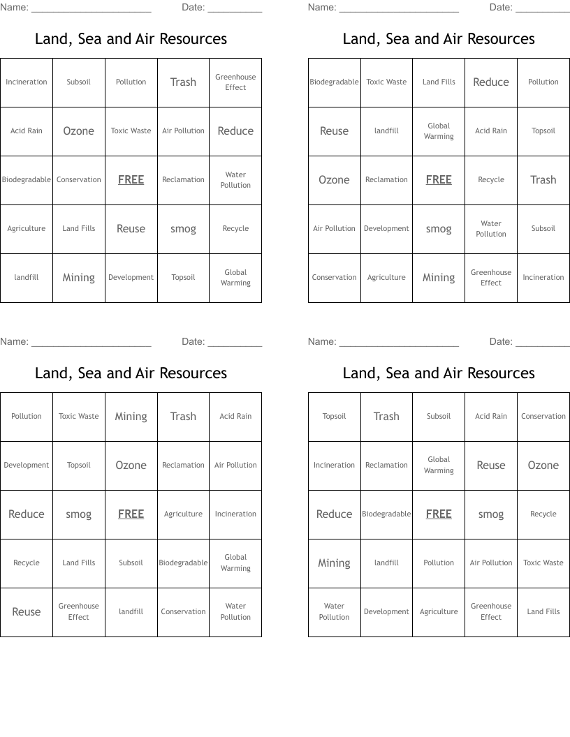 Land, Sea and Air Resources Bingo Cards