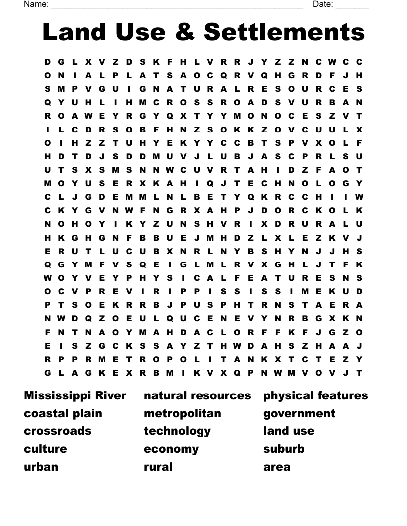 Land Use & Settlements Word Search