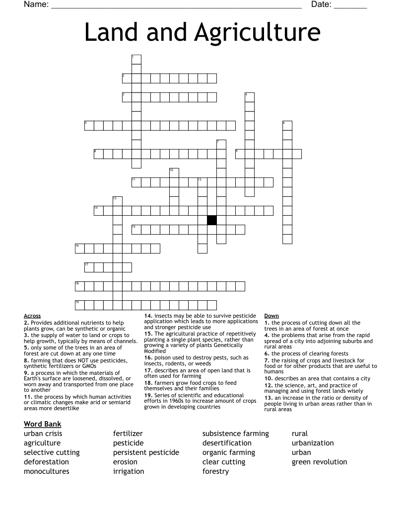 Land and Agriculture Crossword