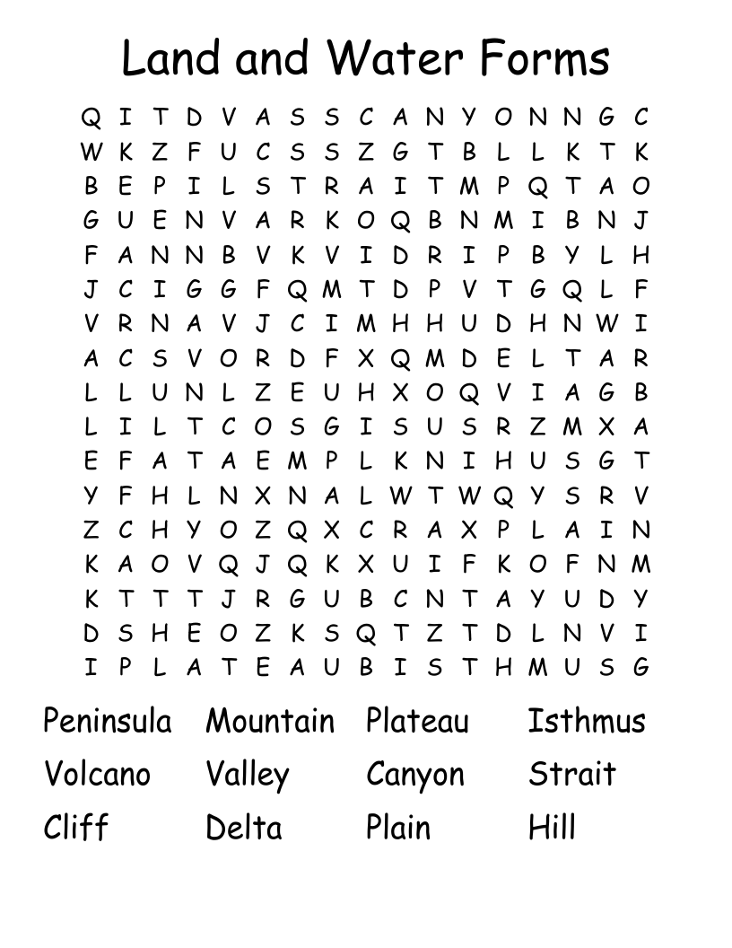 Land and Water Forms Word Search