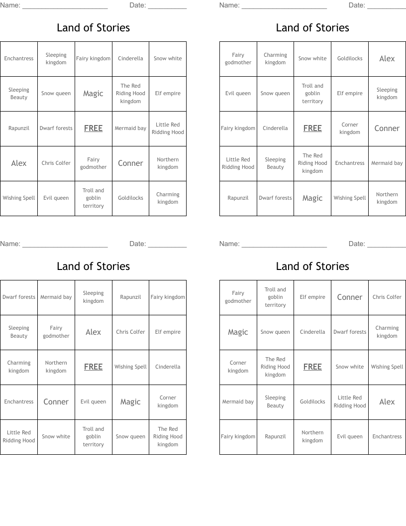 Land of Stories Bingo Cards