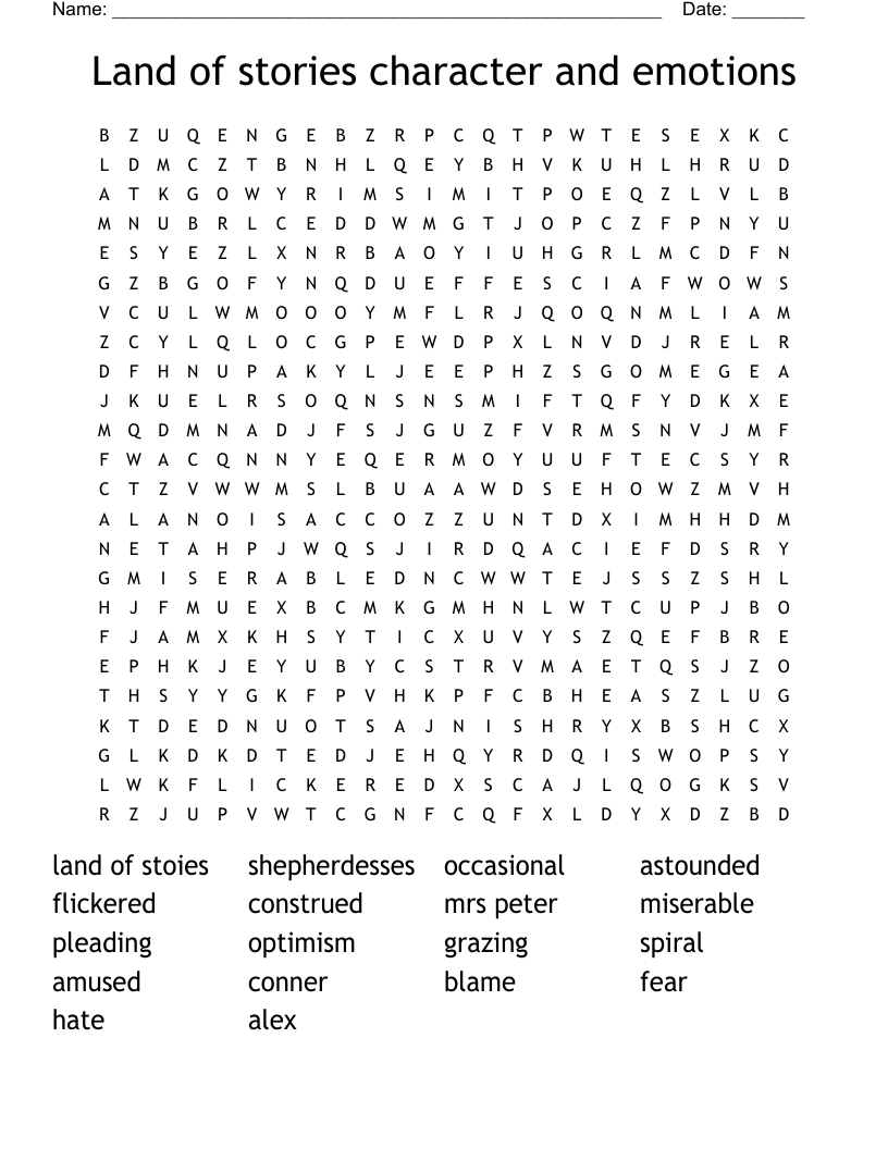 Land of stories character and emotions Word Search