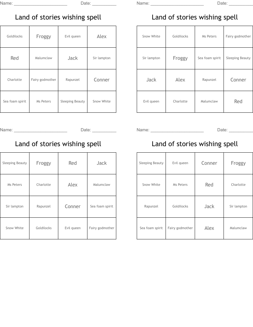 Land of stories wishing spell Bingo Cards