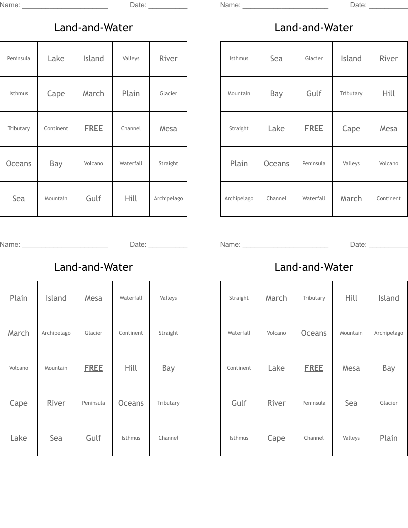 Land-and-Water Bingo Cards