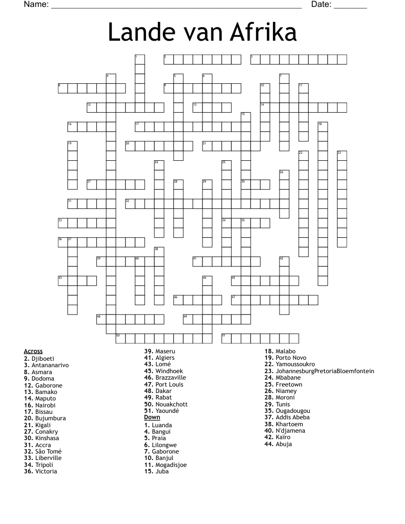 Lande van Afrika Crossword